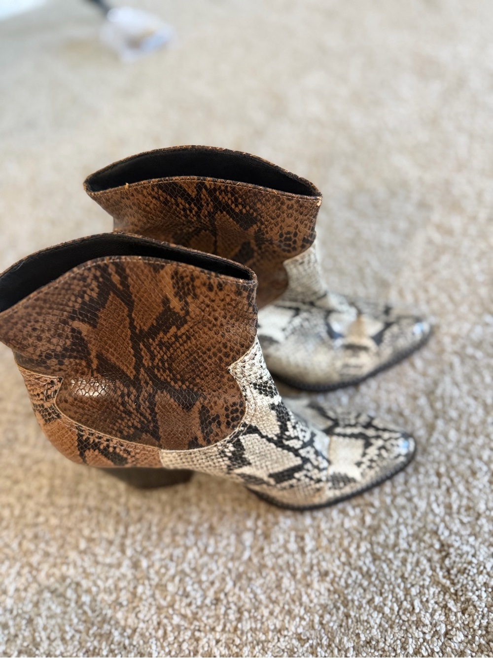 SCHUTZ Two-Tone Snake-Print Ankle Boots in Brown & Cream
